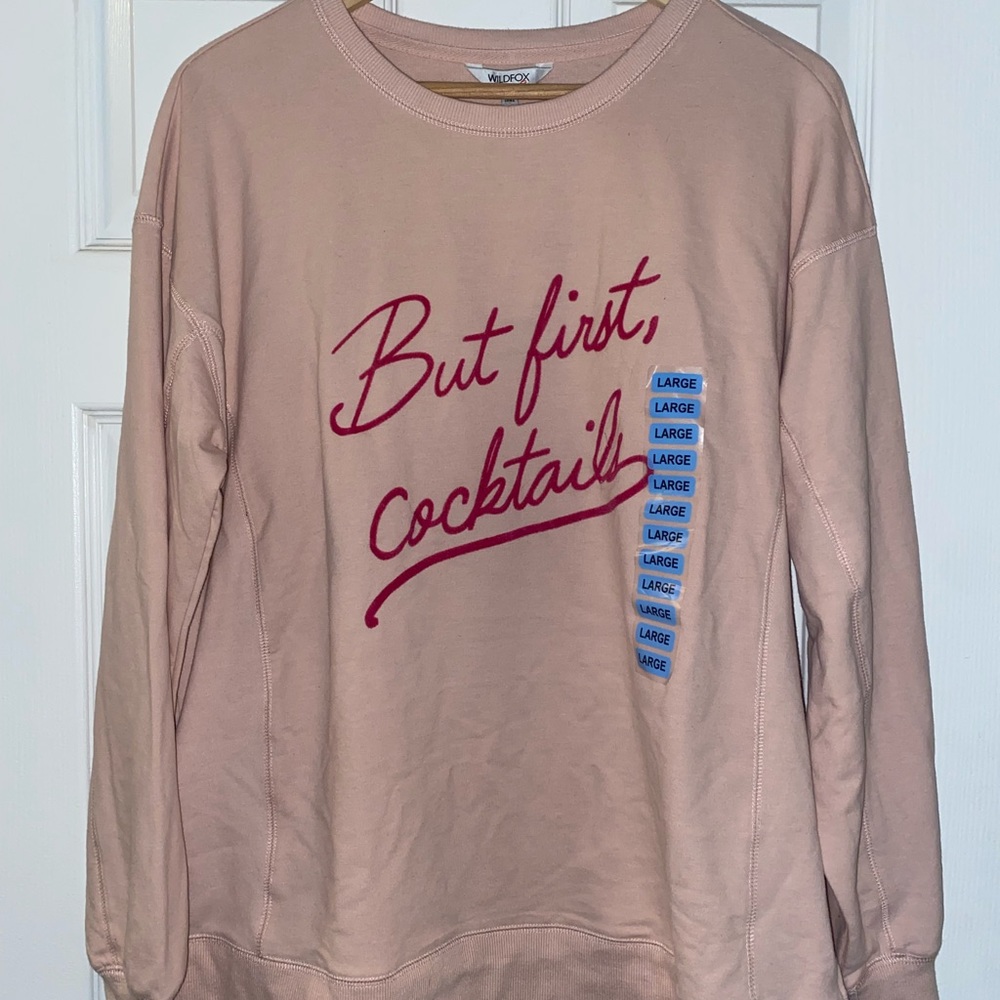Large pink “but first cocktails” long sleeve shirt